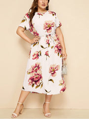 Round Neck Short Sleeve Printed Waist Chiffon Dress