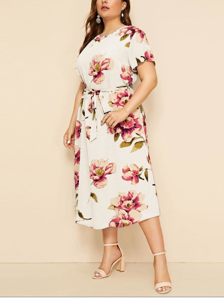 Round Neck Short Sleeve Printed Waist Chiffon Dress