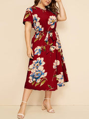 Round Neck Short Sleeve Printed Waist Chiffon Dress