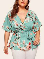 V-Neck Short Sleeve Printed Waist Loose Chiffon Top