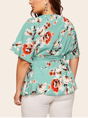 V-Neck Short Sleeve Printed Waist Loose Chiffon Top