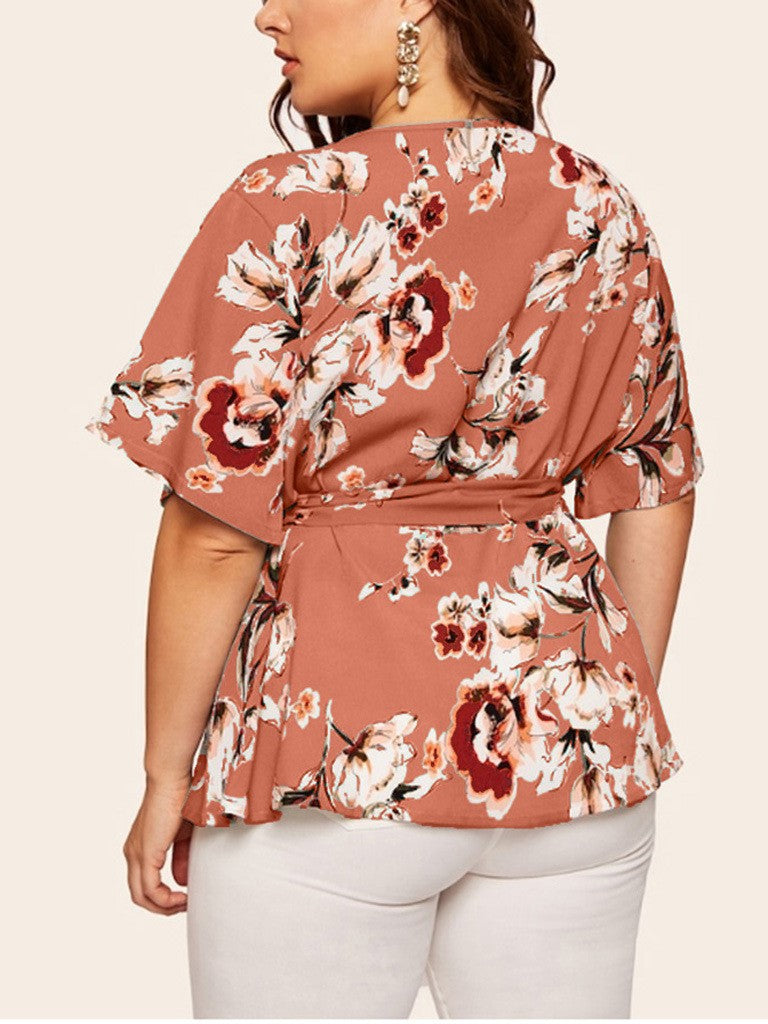 V-Neck Short Sleeve Printed Waist Loose Chiffon Top