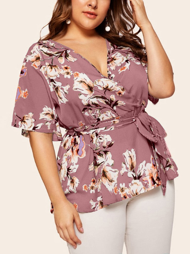 V-Neck Short Sleeve Printed Waist Loose Chiffon Top