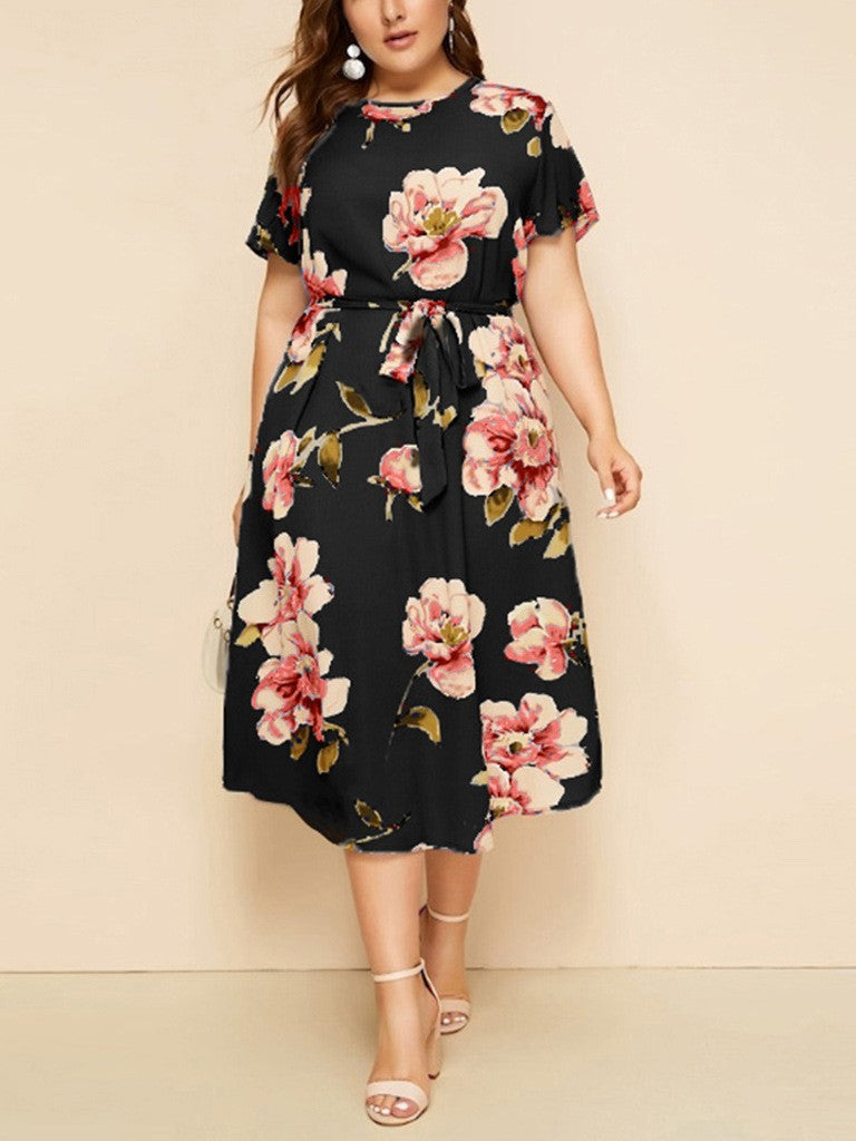 Round Neck Short Sleeve Printed Waist Chiffon Dress