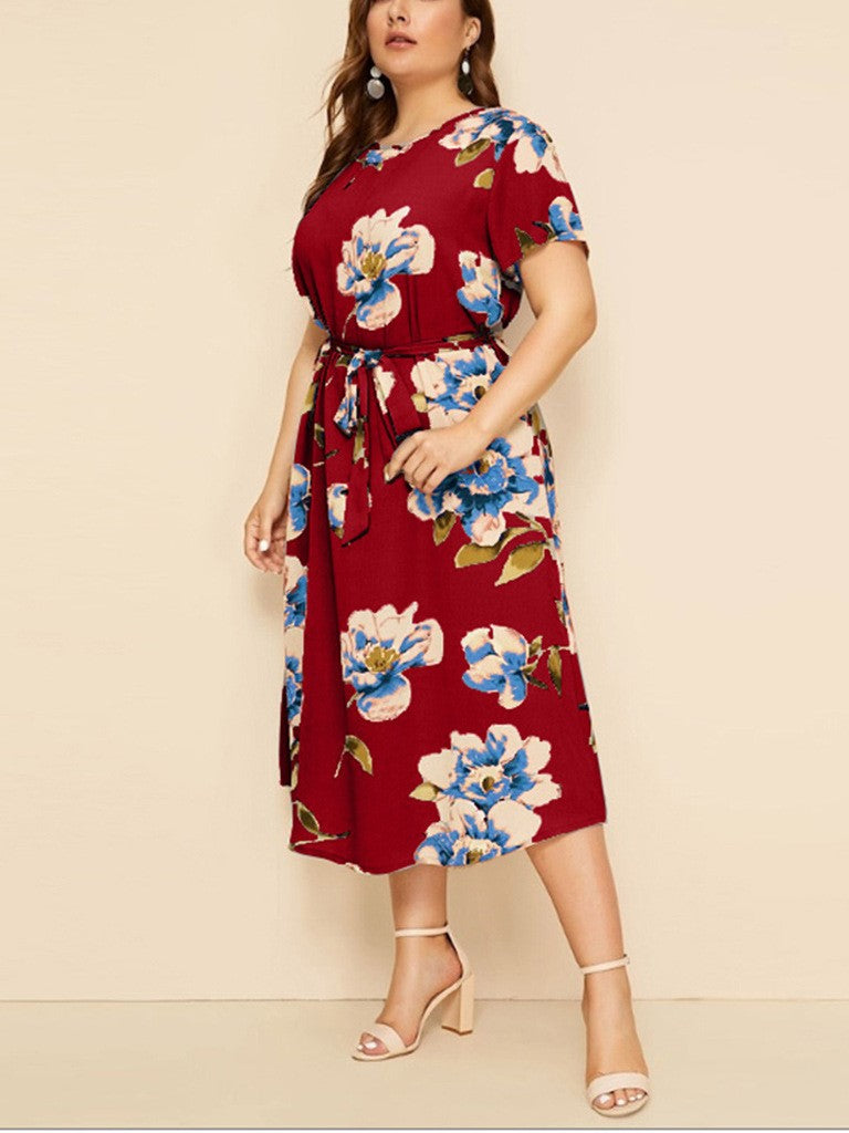 Round Neck Short Sleeve Printed Waist Chiffon Dress