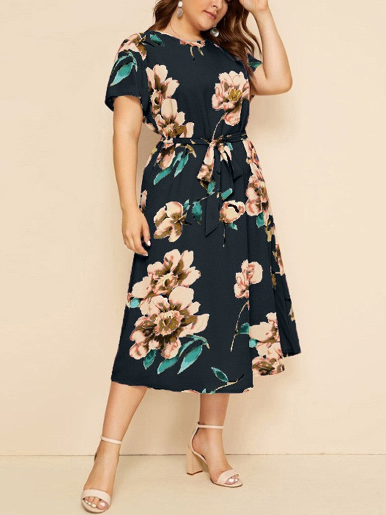 Round Neck Short Sleeve Printed Waist Chiffon Dress