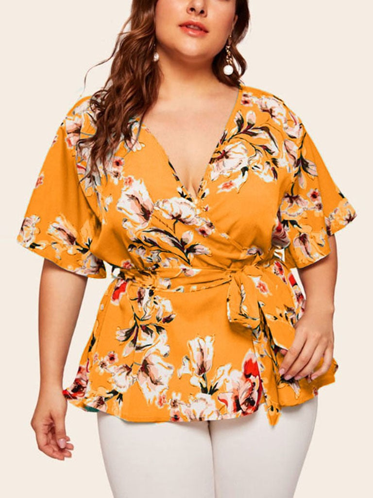 V-Neck Short Sleeve Printed Waist Loose Chiffon Top