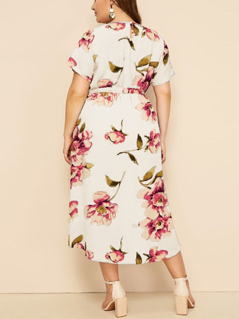 Round Neck Short Sleeve Printed Waist Chiffon Dress