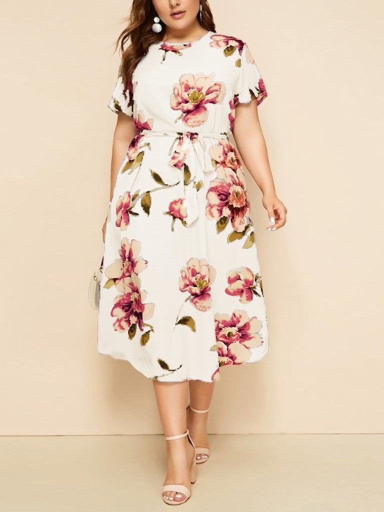 Round Neck Short Sleeve Printed Waist Chiffon Dress