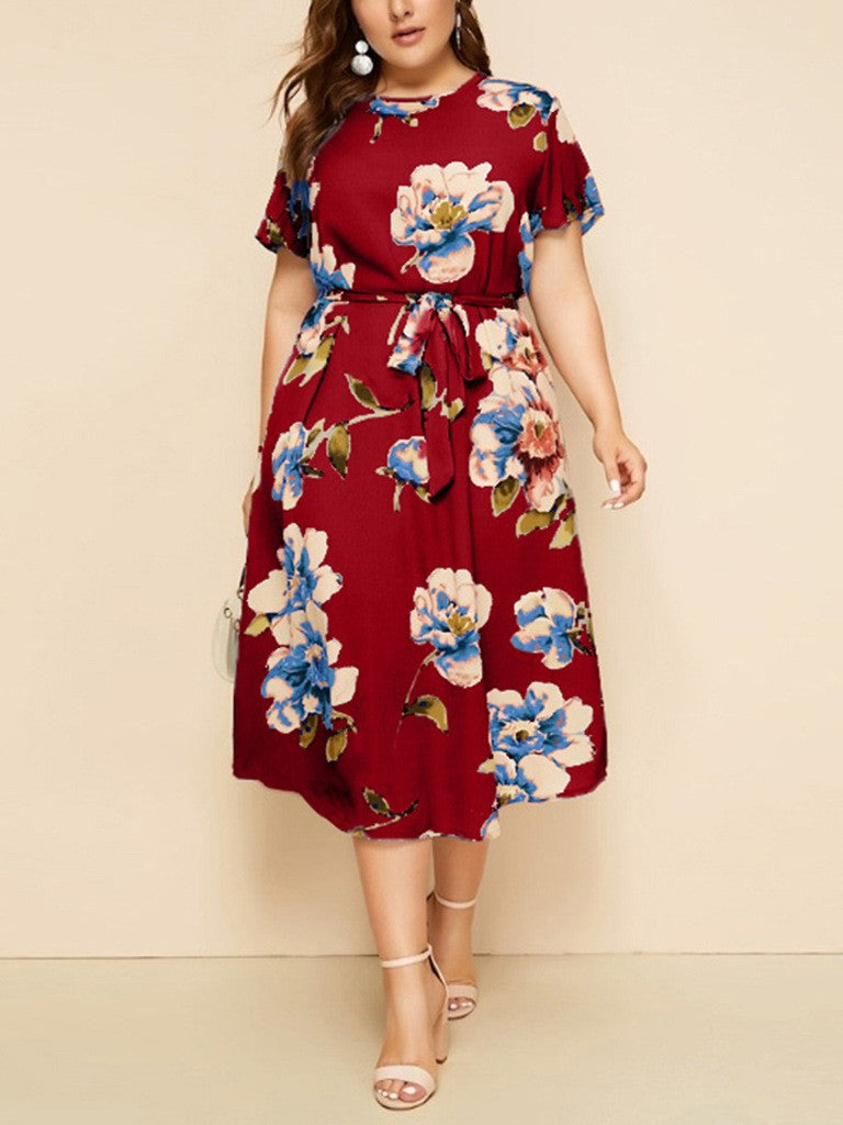 Round Neck Short Sleeve Printed Waist Chiffon Dress