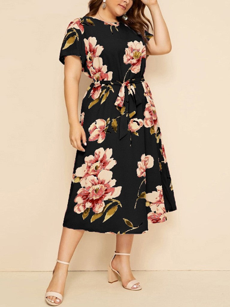 Round Neck Short Sleeve Printed Waist Chiffon Dress