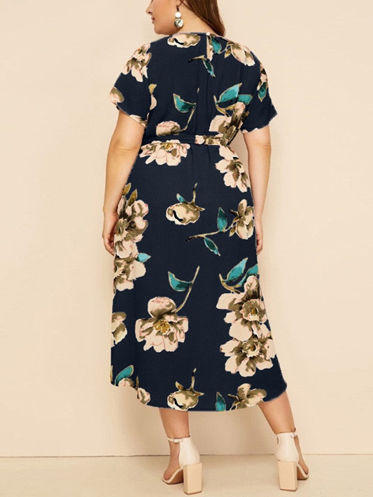 Round Neck Short Sleeve Printed Waist Chiffon Dress