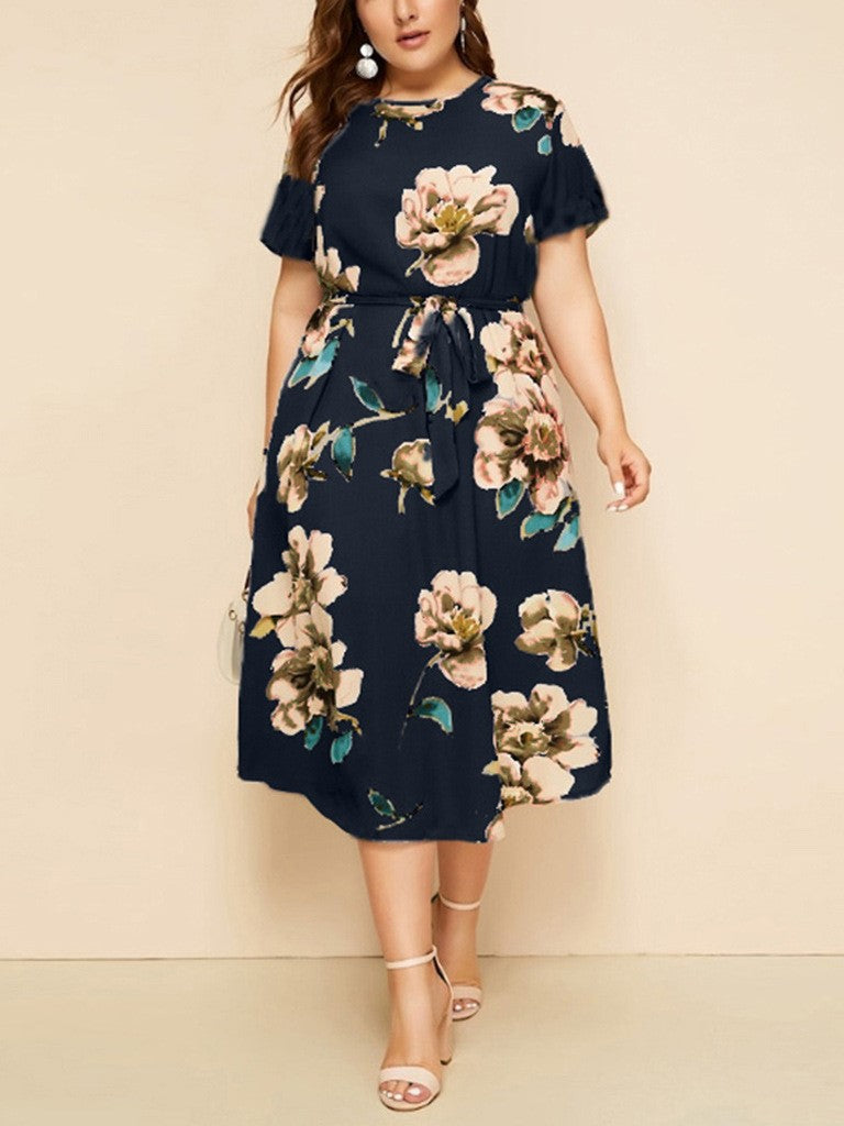 Round Neck Short Sleeve Printed Waist Chiffon Dress