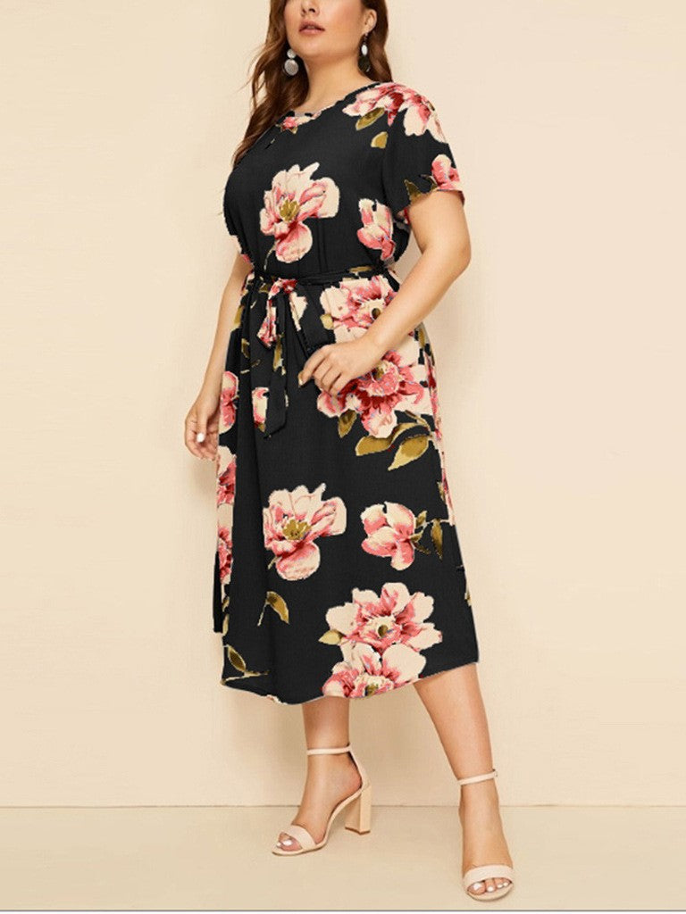 Round Neck Short Sleeve Printed Waist Chiffon Dress