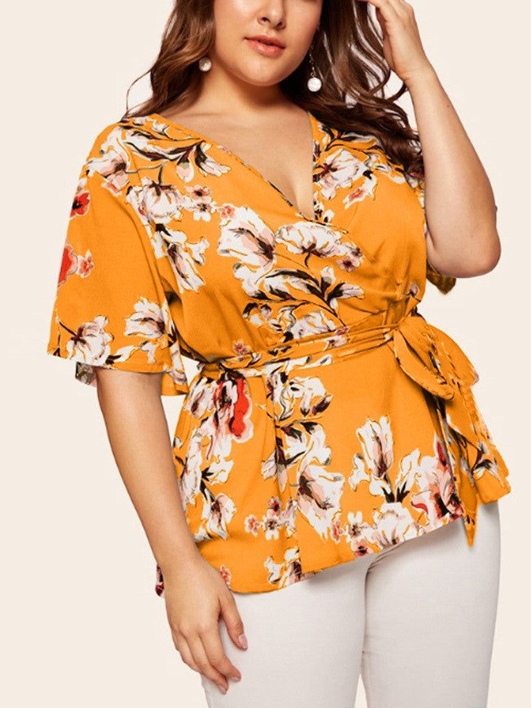 V-Neck Short Sleeve Printed Waist Loose Chiffon Top