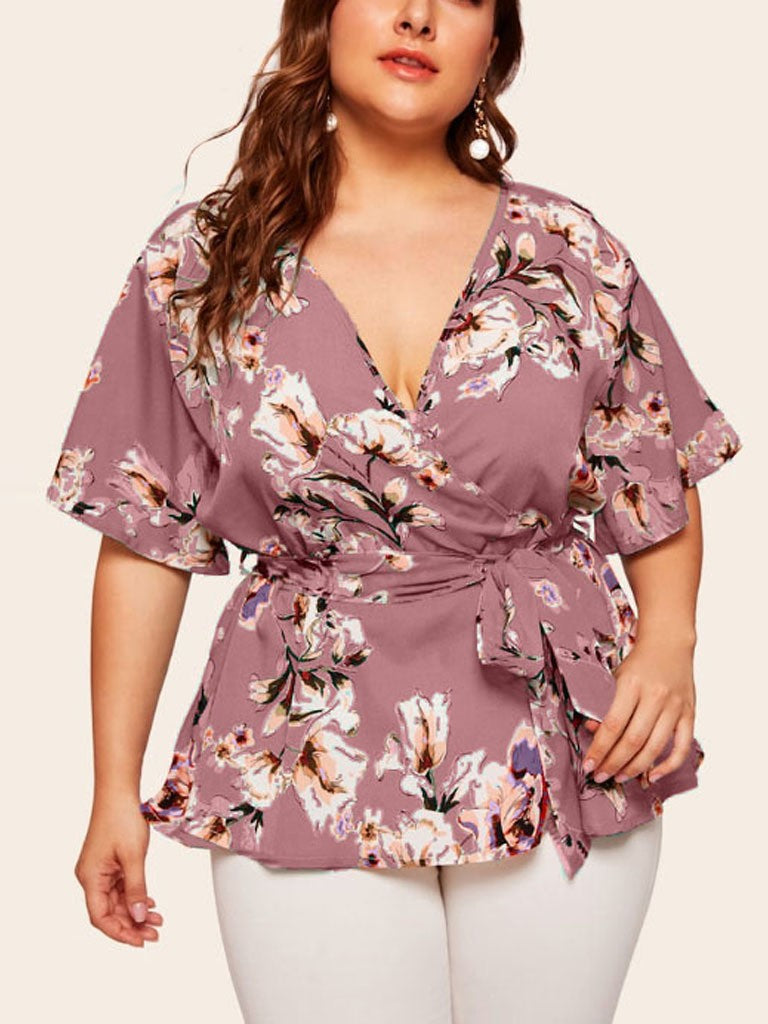 V-Neck Short Sleeve Printed Waist Loose Chiffon Top