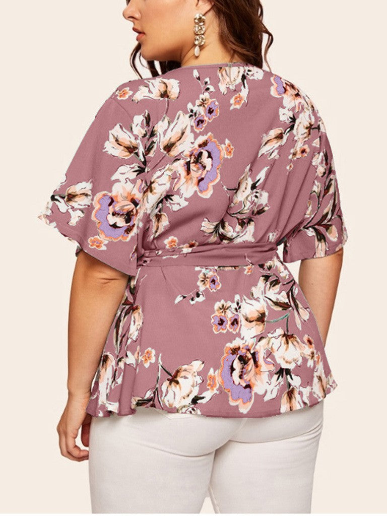 V-Neck Short Sleeve Printed Waist Loose Chiffon Top