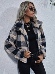 Plaid Print Zip Up Drop Shoulder Teddy Jacket