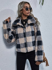 Plaid Print Zip Up Drop Shoulder Teddy Jacket