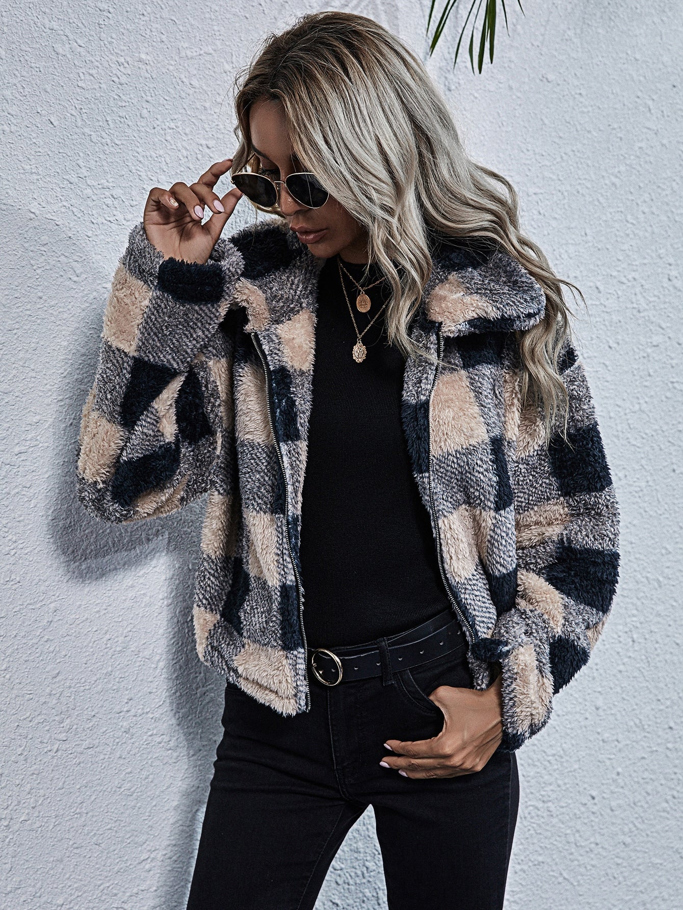 Plaid Print Zip Up Drop Shoulder Teddy Jacket