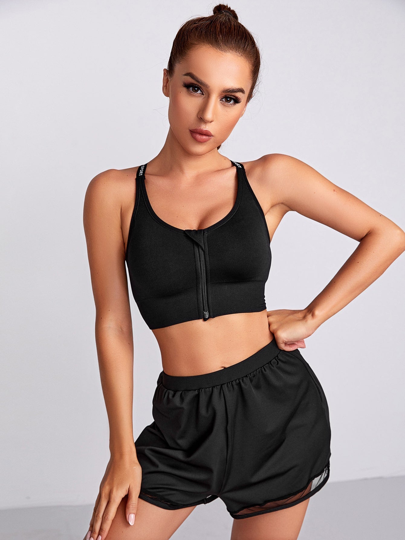 High Support Letter Graphic Zip Front Sports Bra
