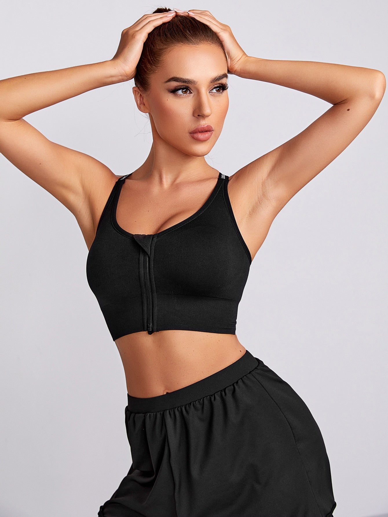 High Support Letter Graphic Zip Front Sports Bra