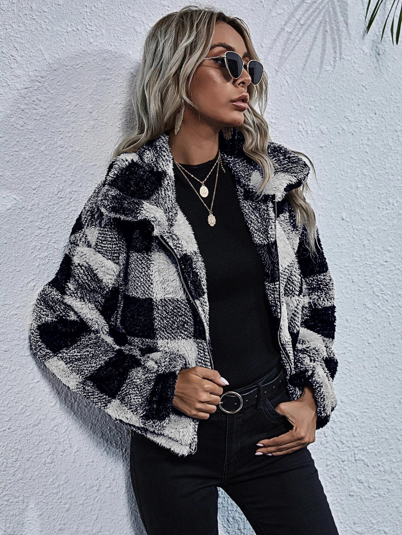 Plaid Print Zip Up Drop Shoulder Teddy Jacket