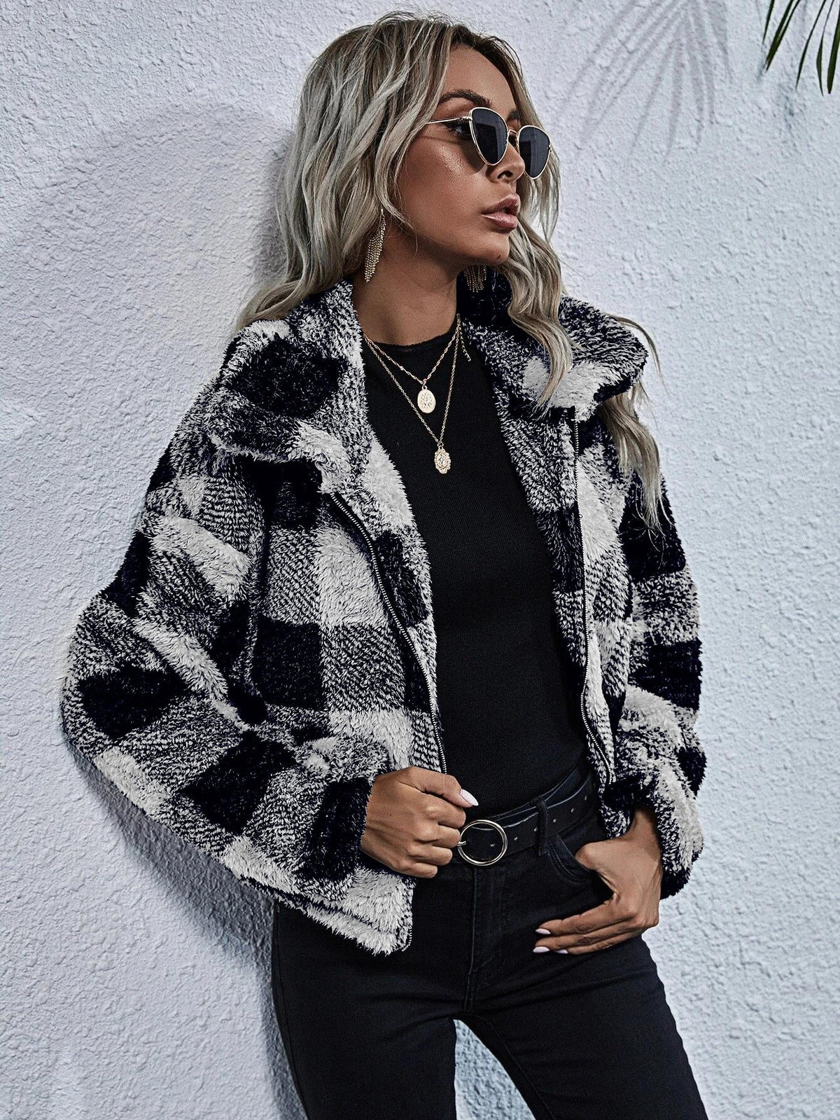 Plaid Print Zip Up Drop Shoulder Teddy Jacket