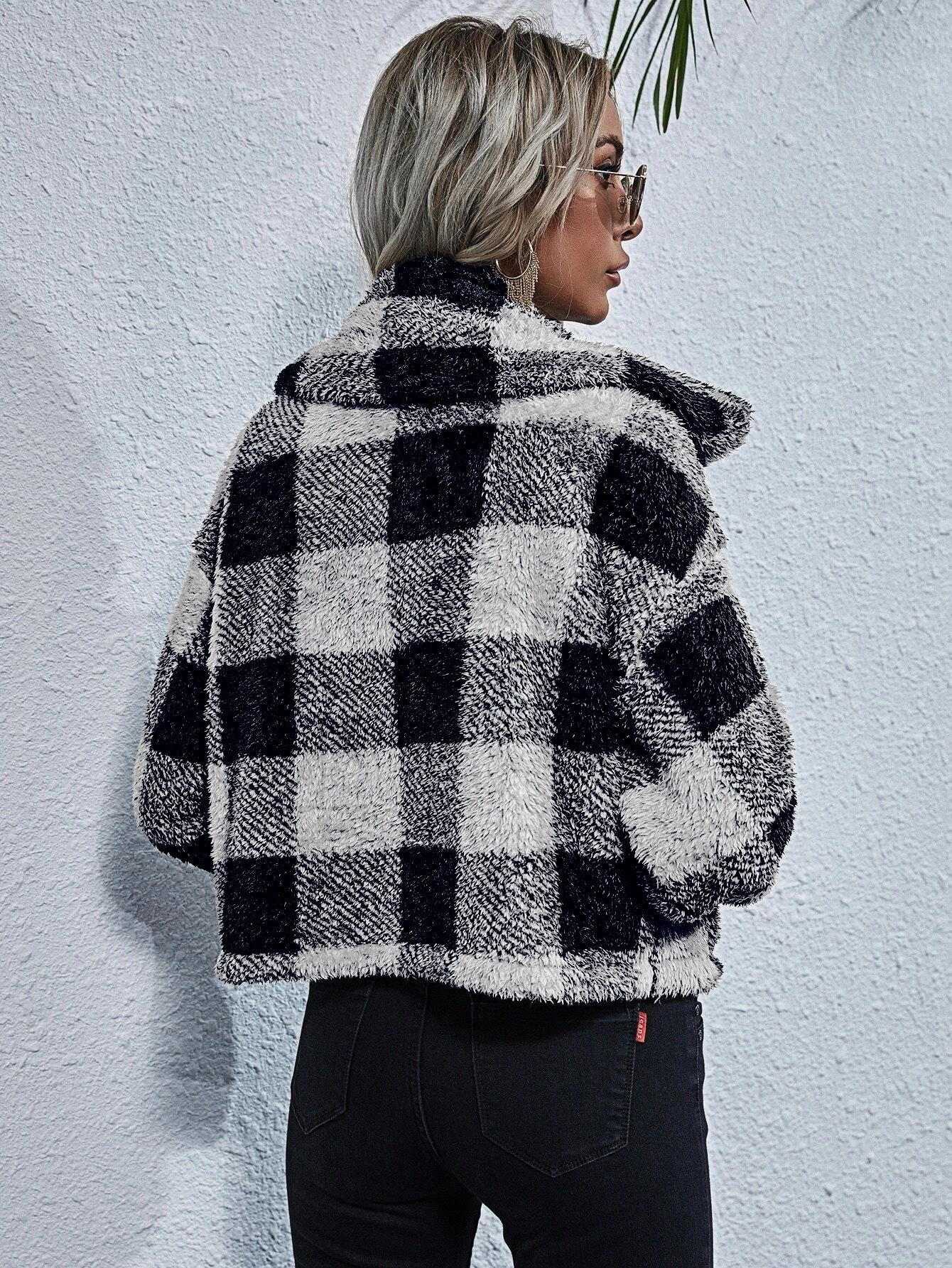 Plaid Print Zip Up Drop Shoulder Teddy Jacket