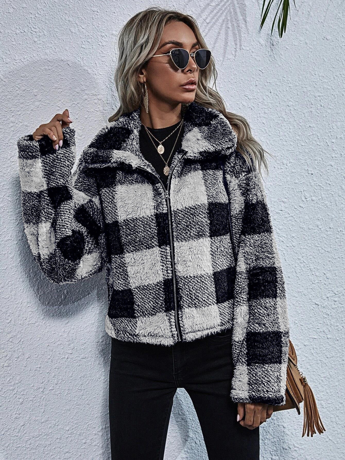 Plaid Print Zip Up Drop Shoulder Teddy Jacket