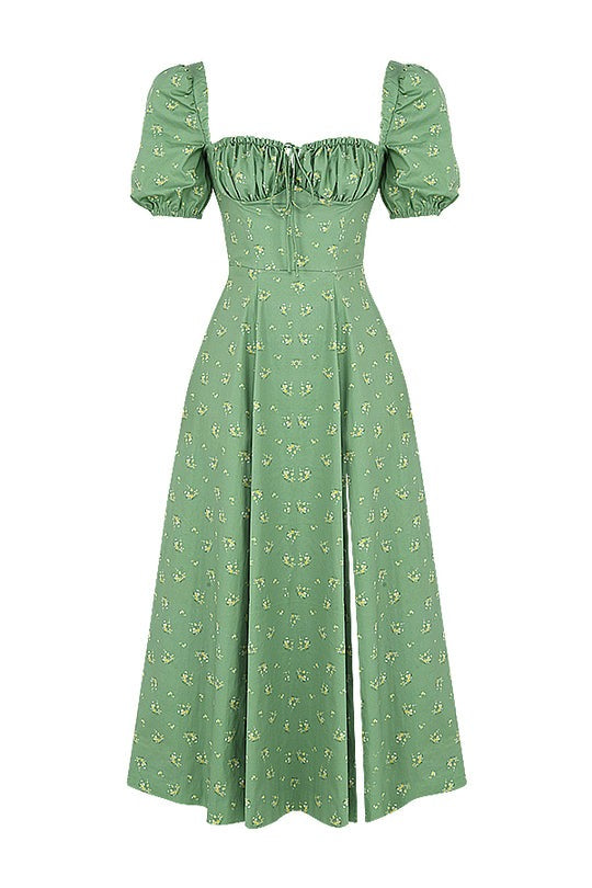 Vintage Floral Puff Sleeve Midi Dress in Green