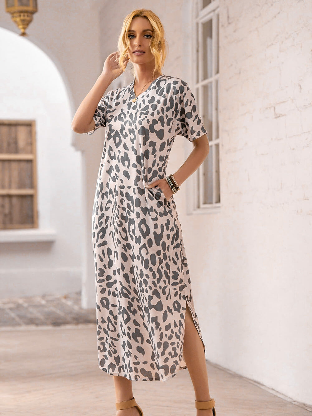 Leopard Print Slit Hem Casual Maxi Dress