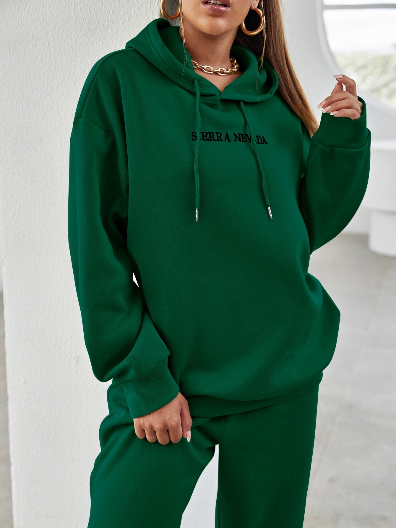 Letter Embroidery Drop Shoulder Hoodie & Sweatpants