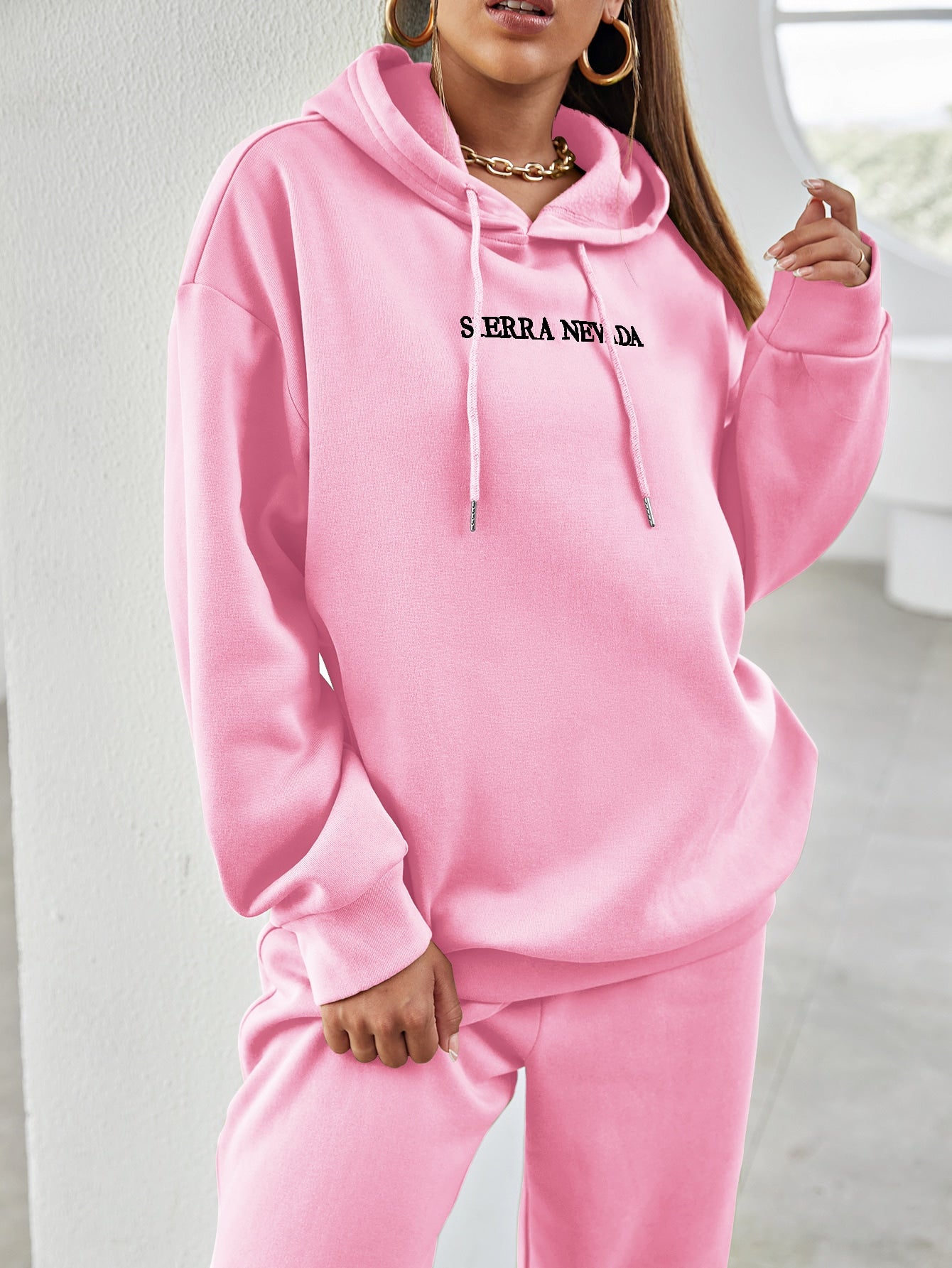 Letter Embroidery Drop Shoulder Hoodie & Sweatpants