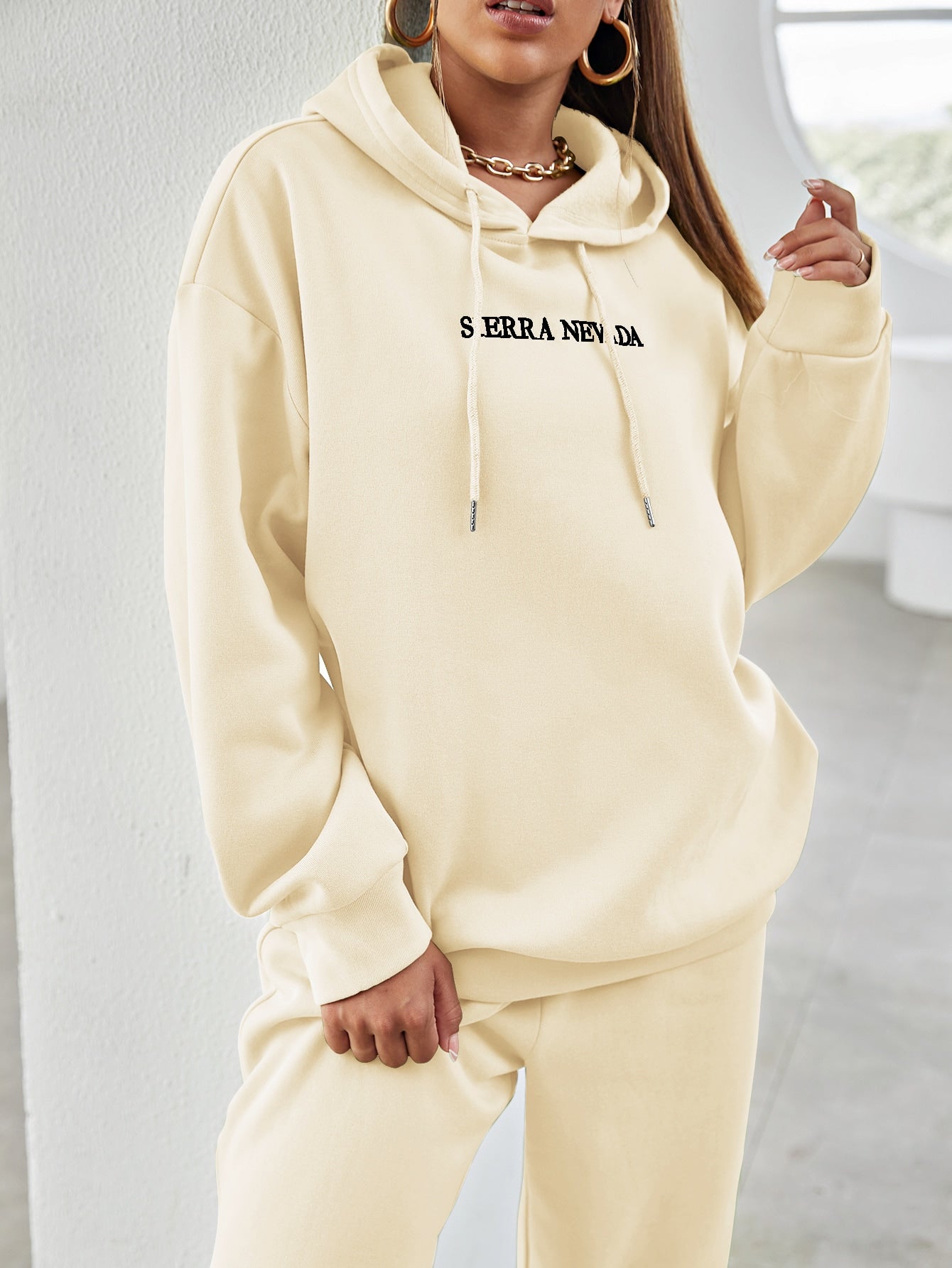 Letter Embroidery Drop Shoulder Hoodie & Sweatpants