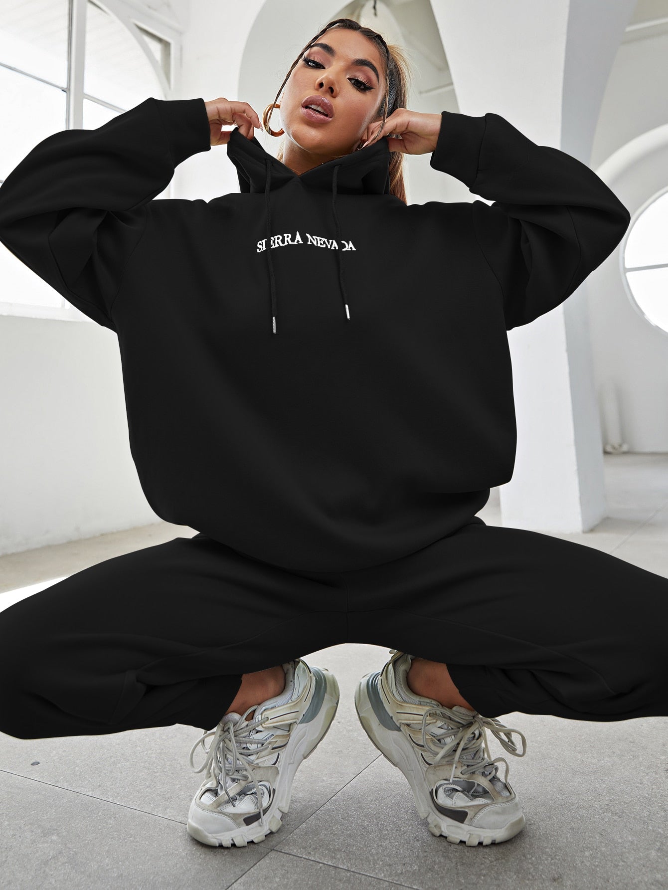 Letter Embroidery Drop Shoulder Hoodie & Sweatpants