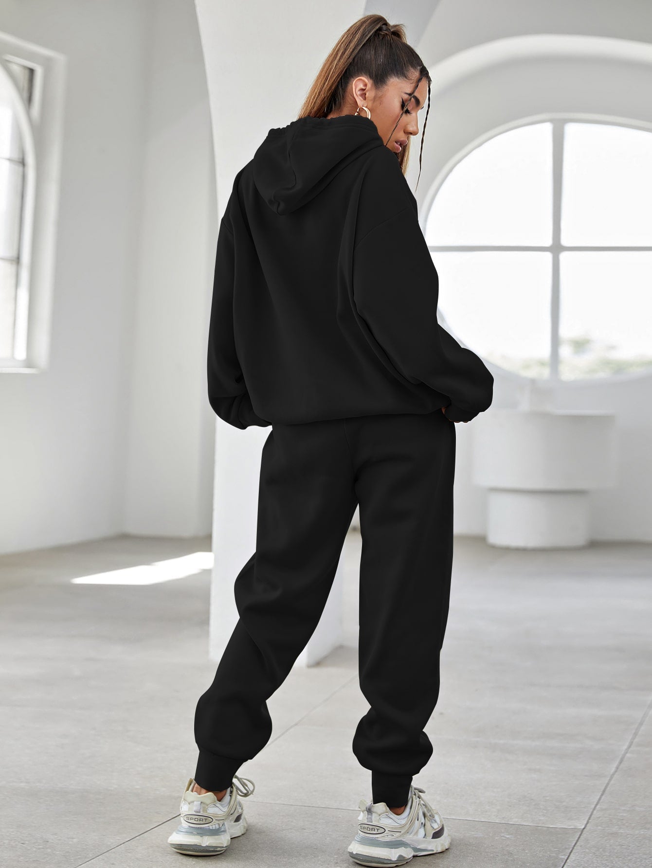 Letter Embroidery Drop Shoulder Hoodie & Sweatpants