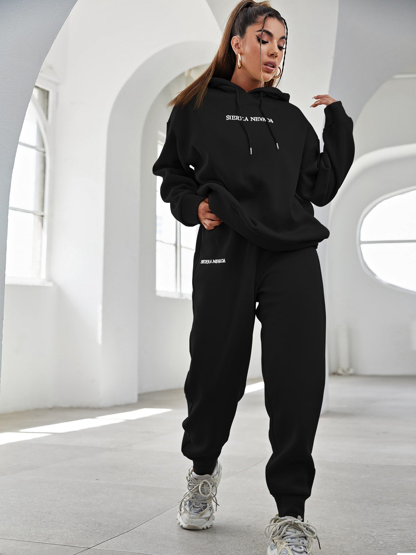 Letter Embroidery Drop Shoulder Hoodie & Sweatpants