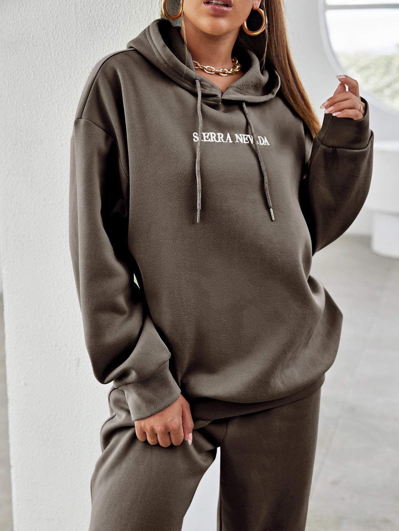 Letter Embroidery Drop Shoulder Hoodie & Sweatpants