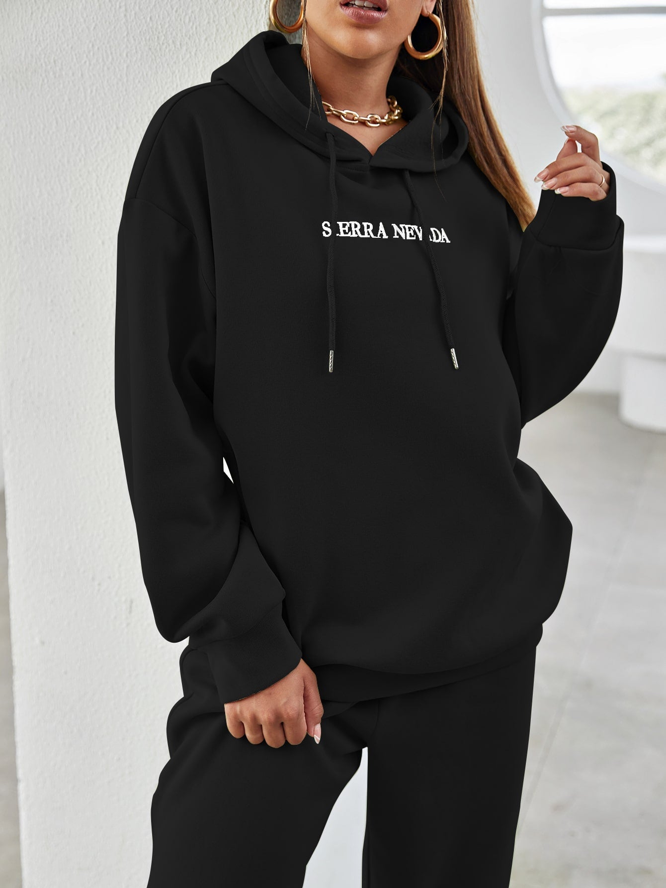 Letter Embroidery Drop Shoulder Hoodie & Sweatpants