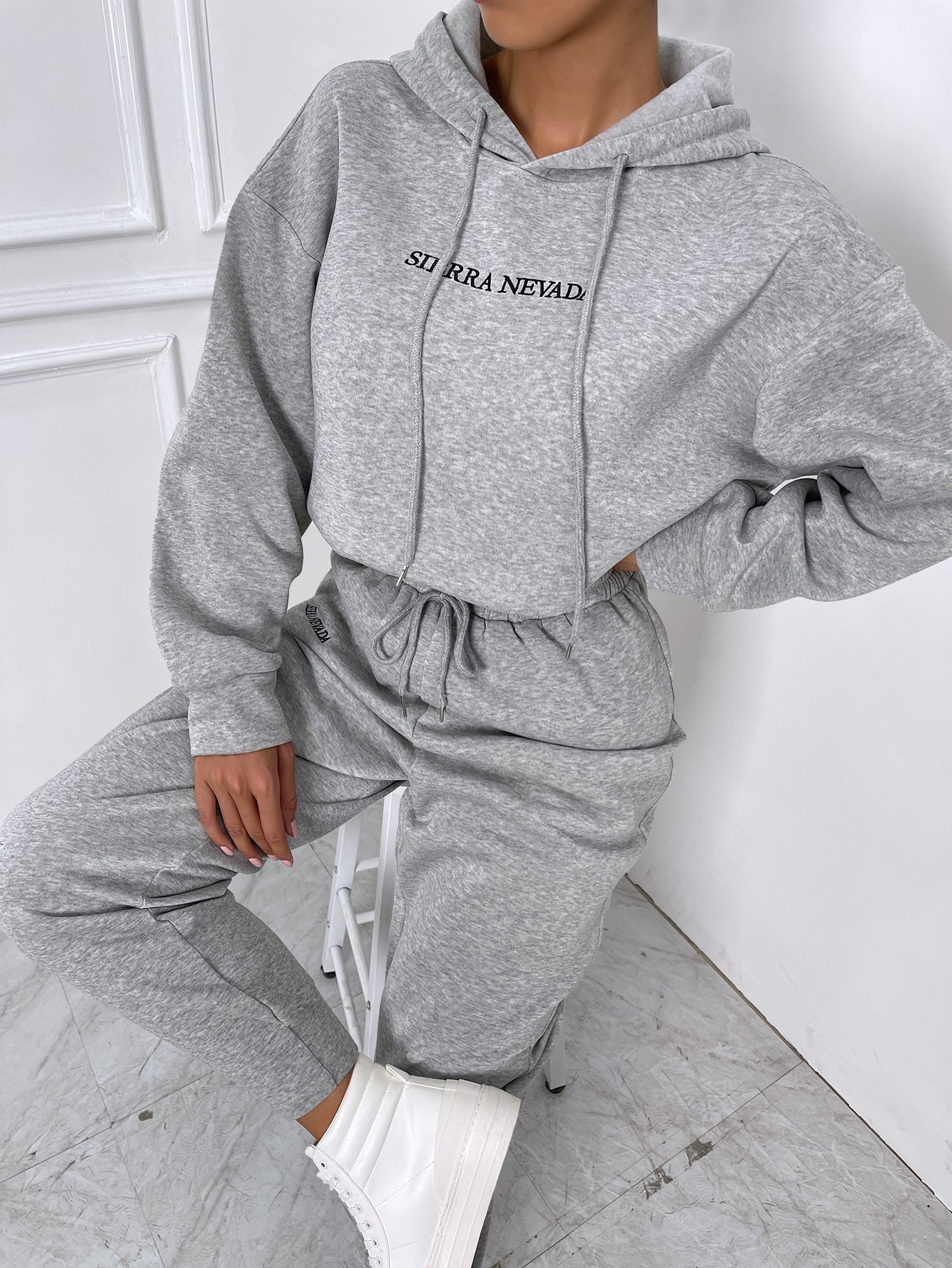 Letter Embroidery Drop Shoulder Hoodie & Sweatpants