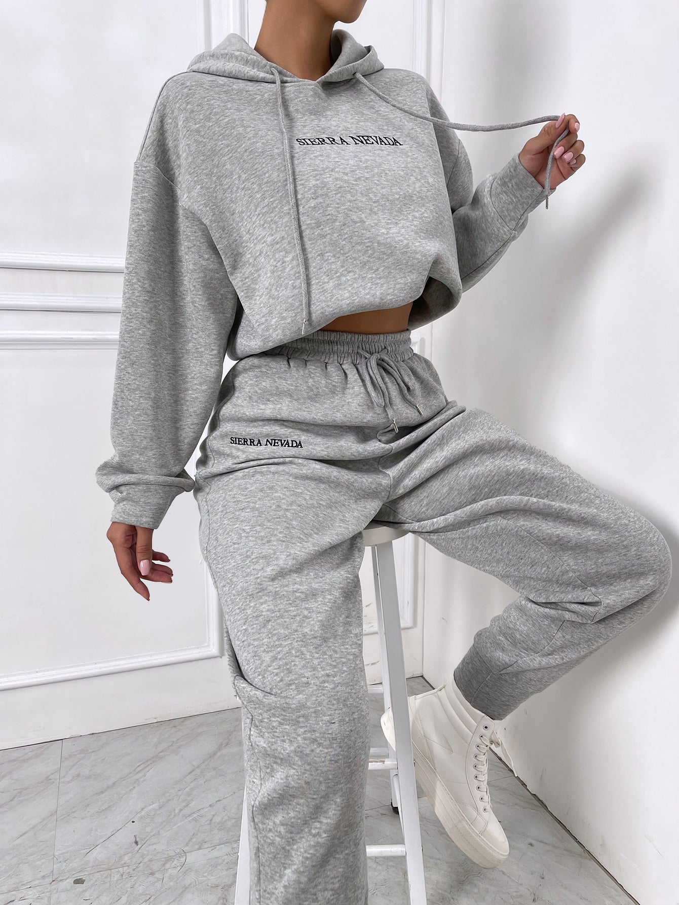 Letter Embroidery Drop Shoulder Hoodie & Sweatpants