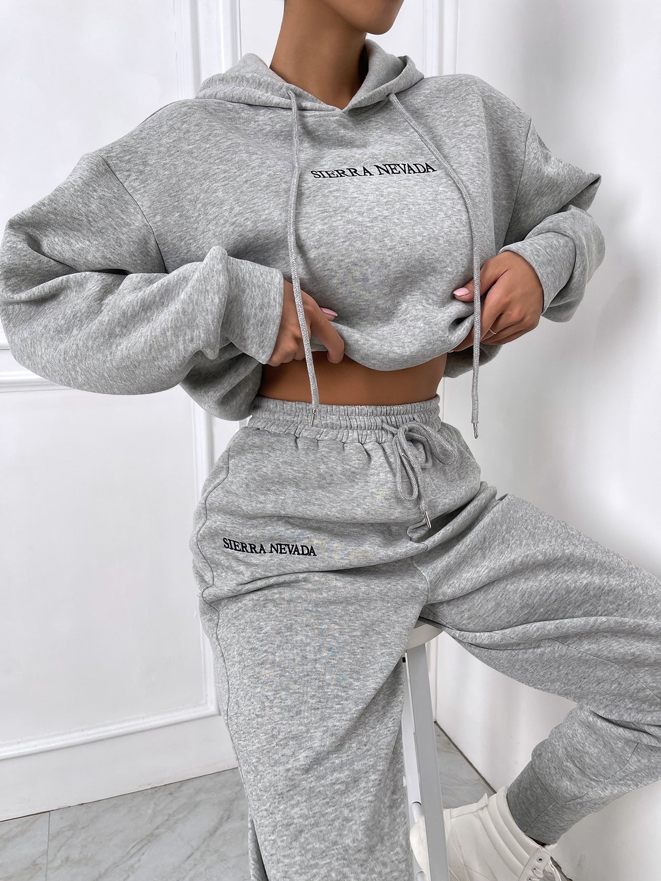 Letter Embroidery Drop Shoulder Hoodie & Sweatpants