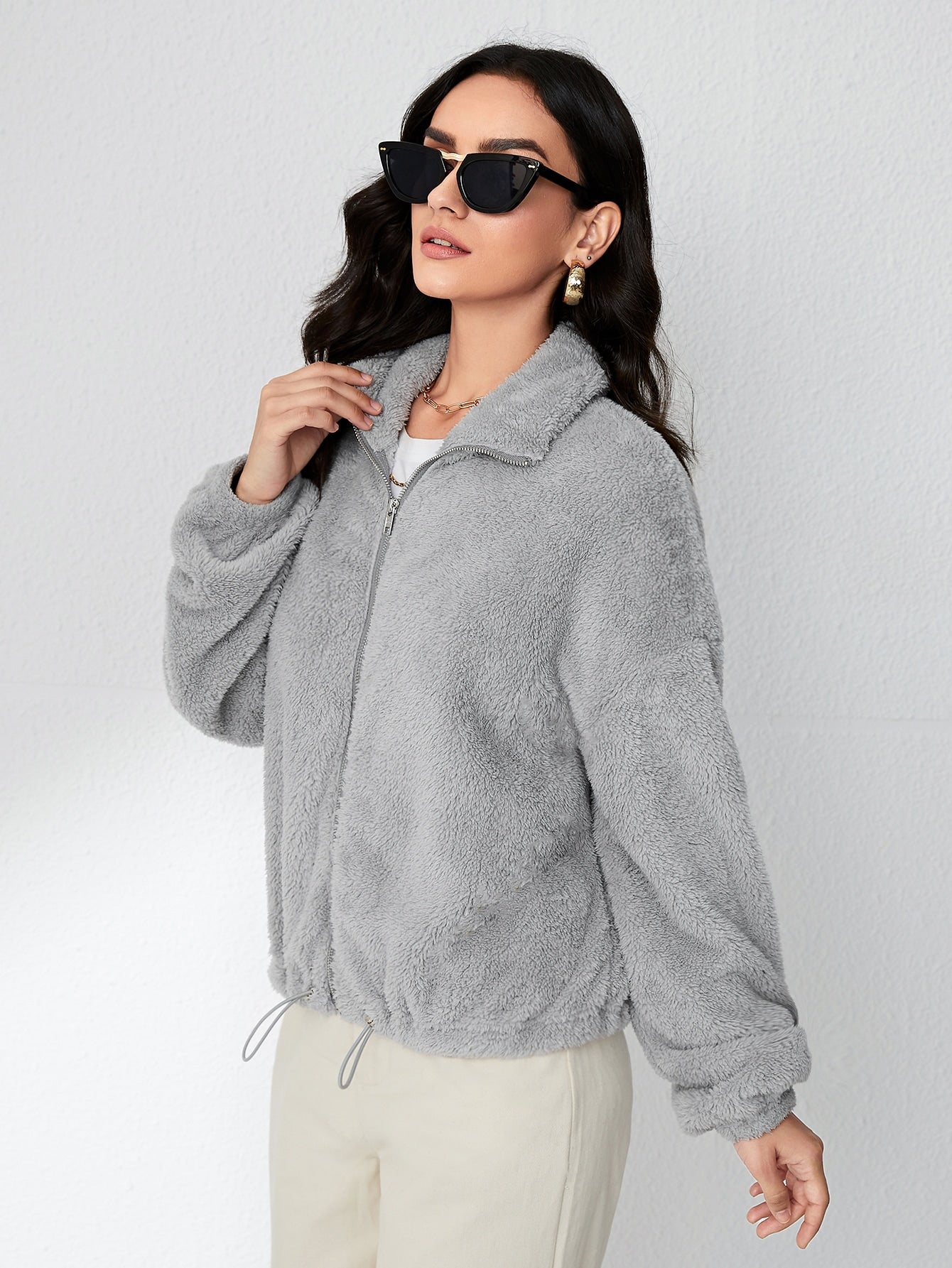 Drawstring Hem Drop Shoulder Zipper Flannel Jacket