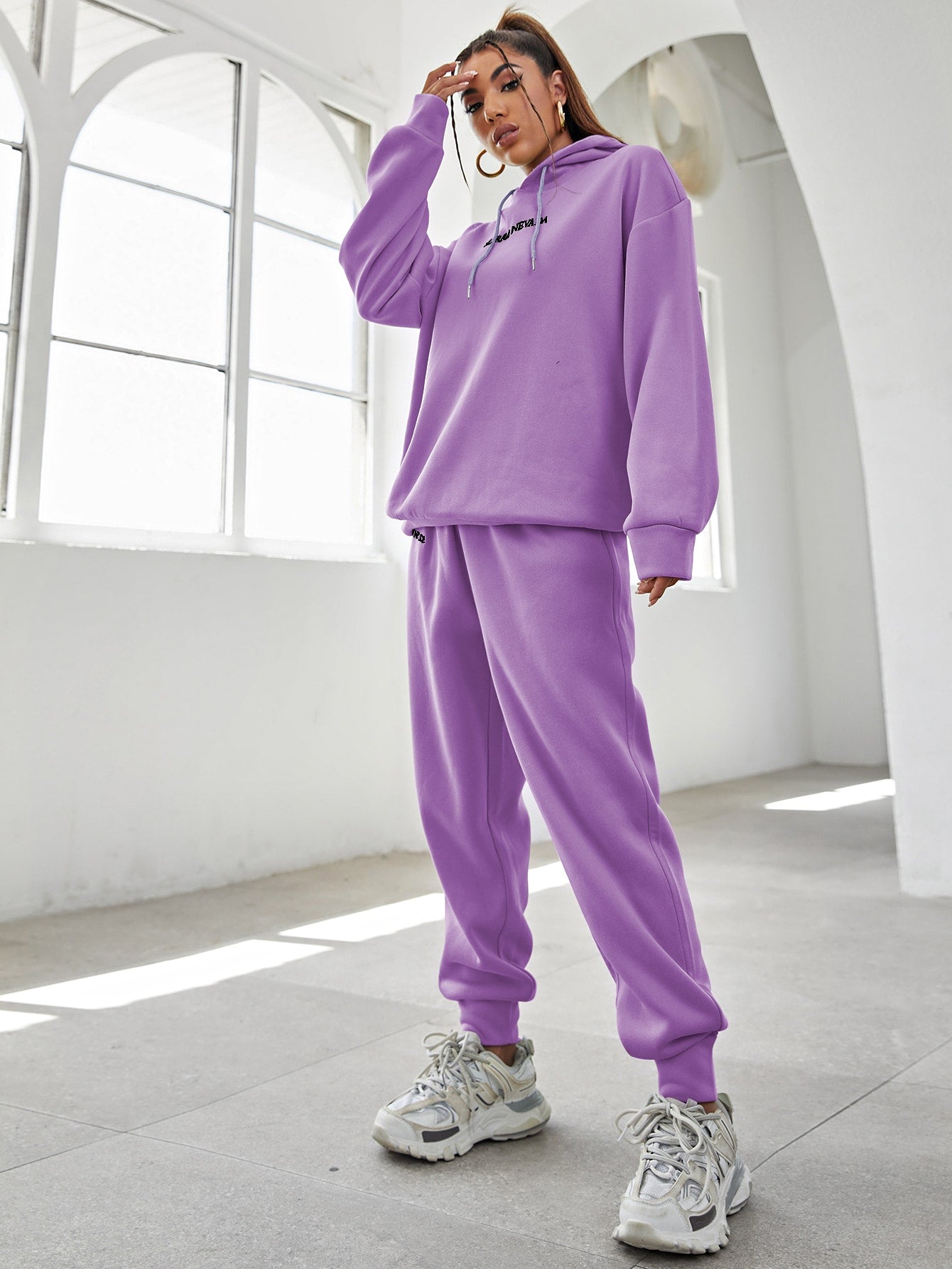 Letter Embroidery Drop Shoulder Hoodie & Sweatpants