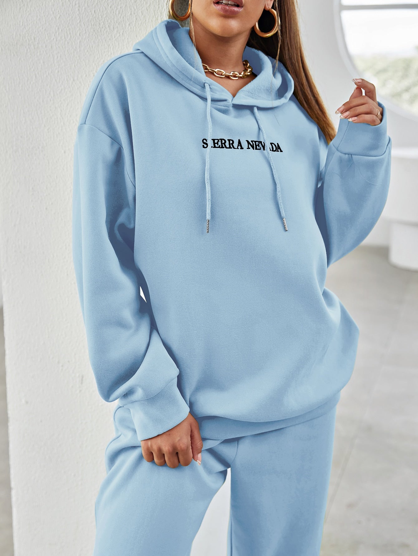 Letter Embroidery Drop Shoulder Hoodie & Sweatpants