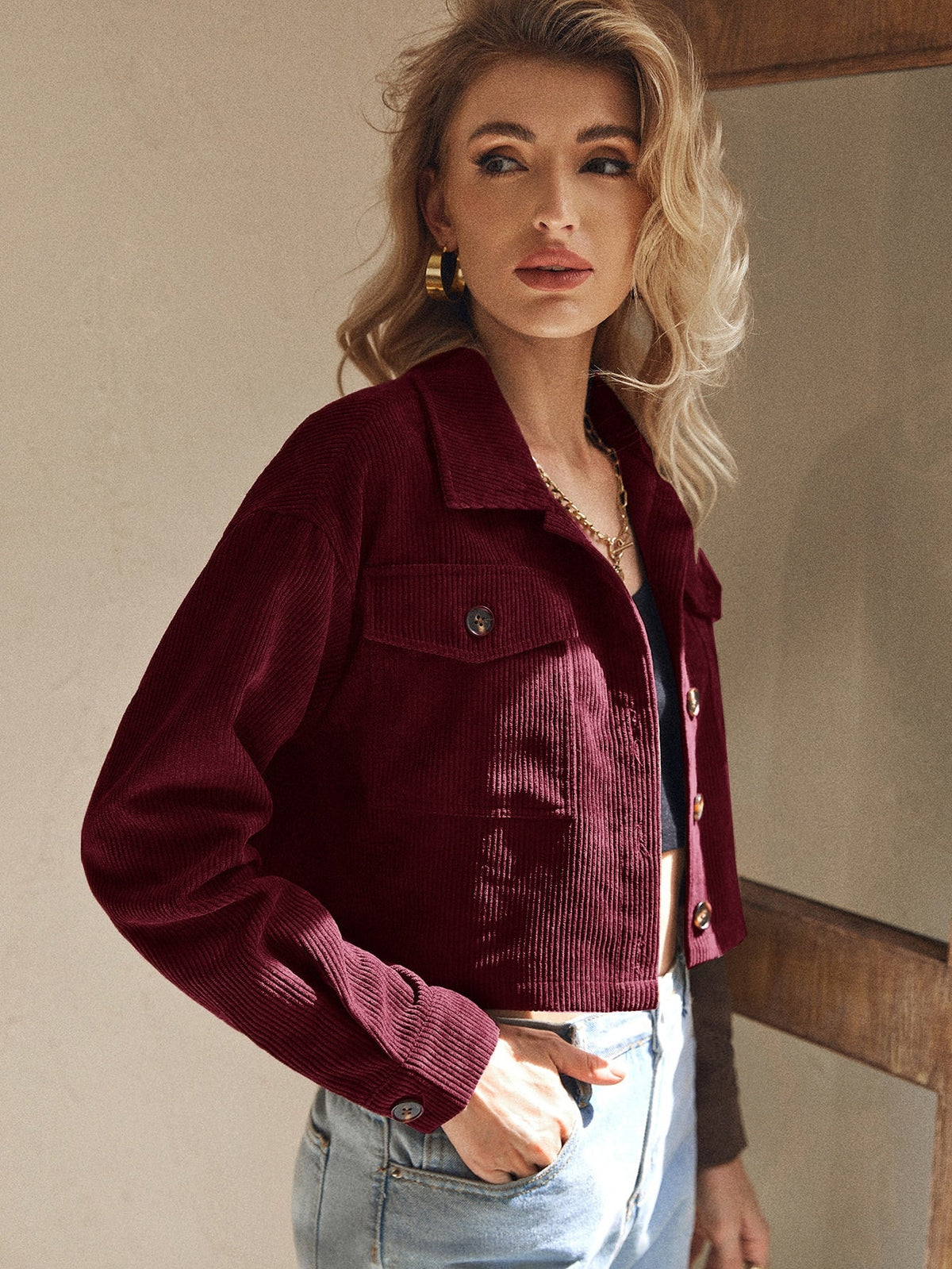 Flap Pocket Drop Shoulder Corduroy Jacket