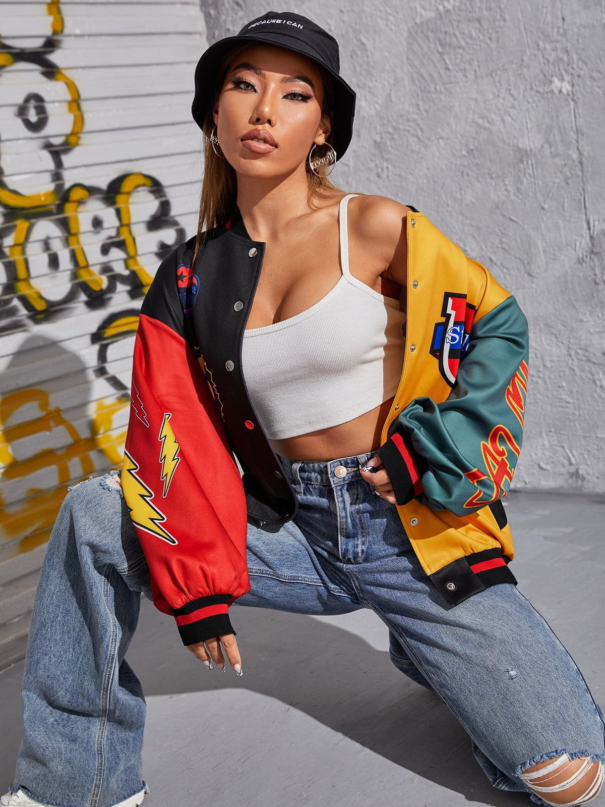 Letter Graphic Drop Shoulder Colorblock Bomber Jacket