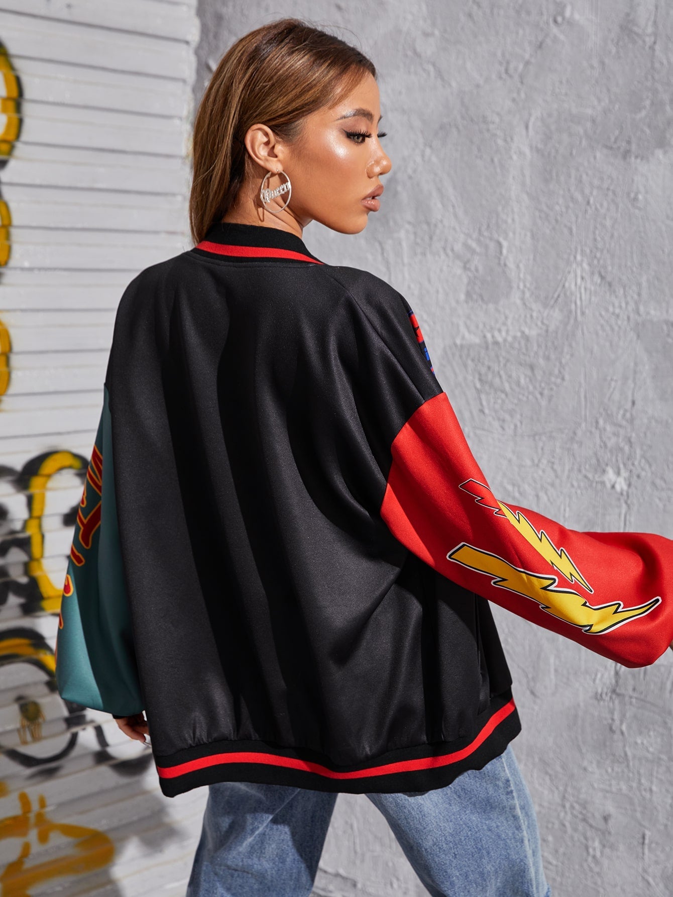 Letter Graphic Drop Shoulder Colorblock Bomber Jacket