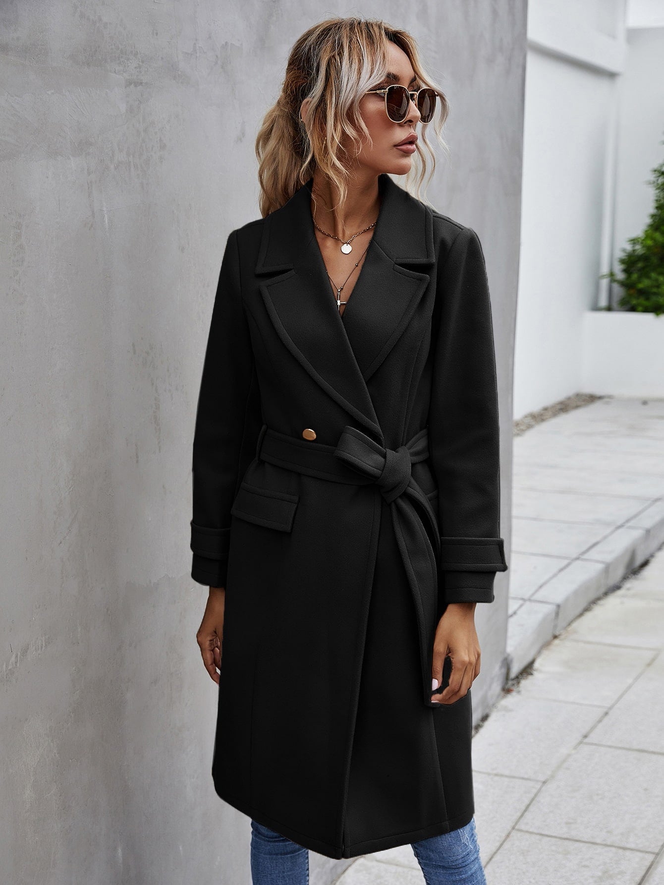 Double Button Lapel Collar Self Tie Overcoat